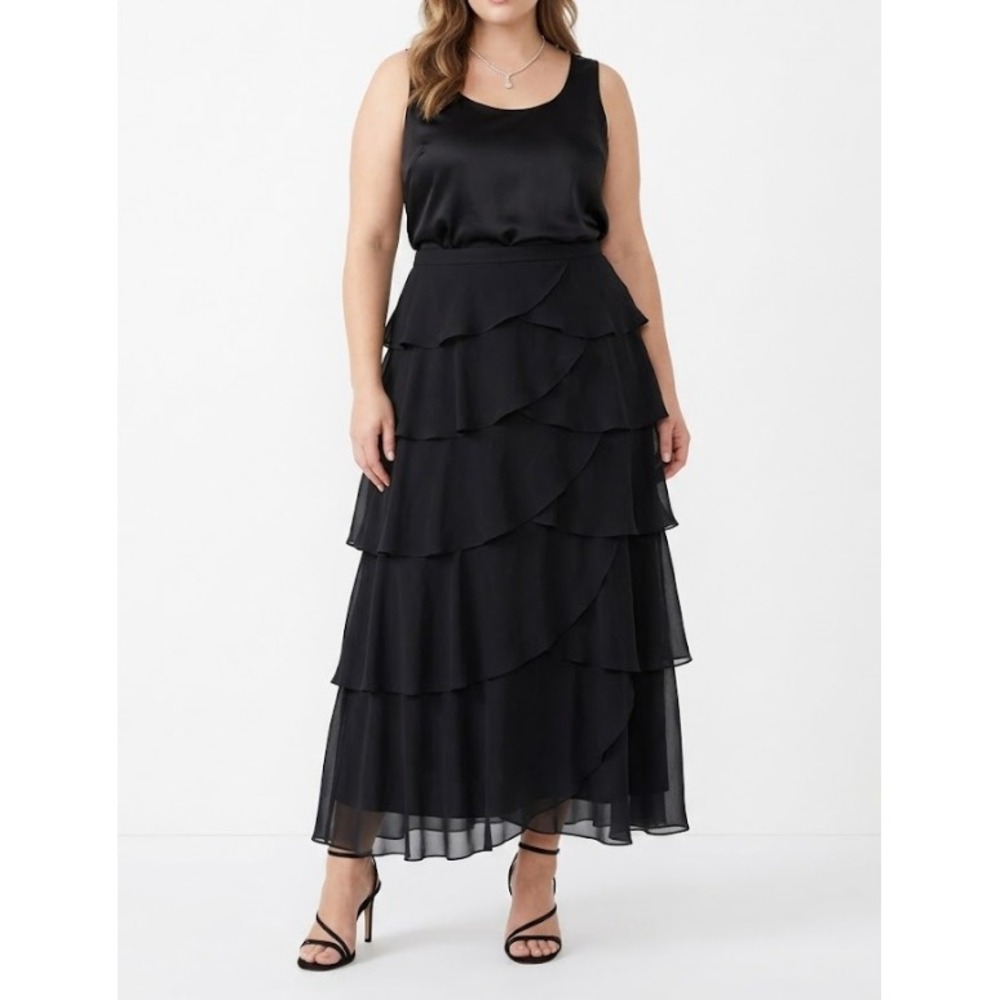 Alex Evenings Tiered Maxi Skirt size 16 Black Chiffon Ruffle Formal Evening Gown